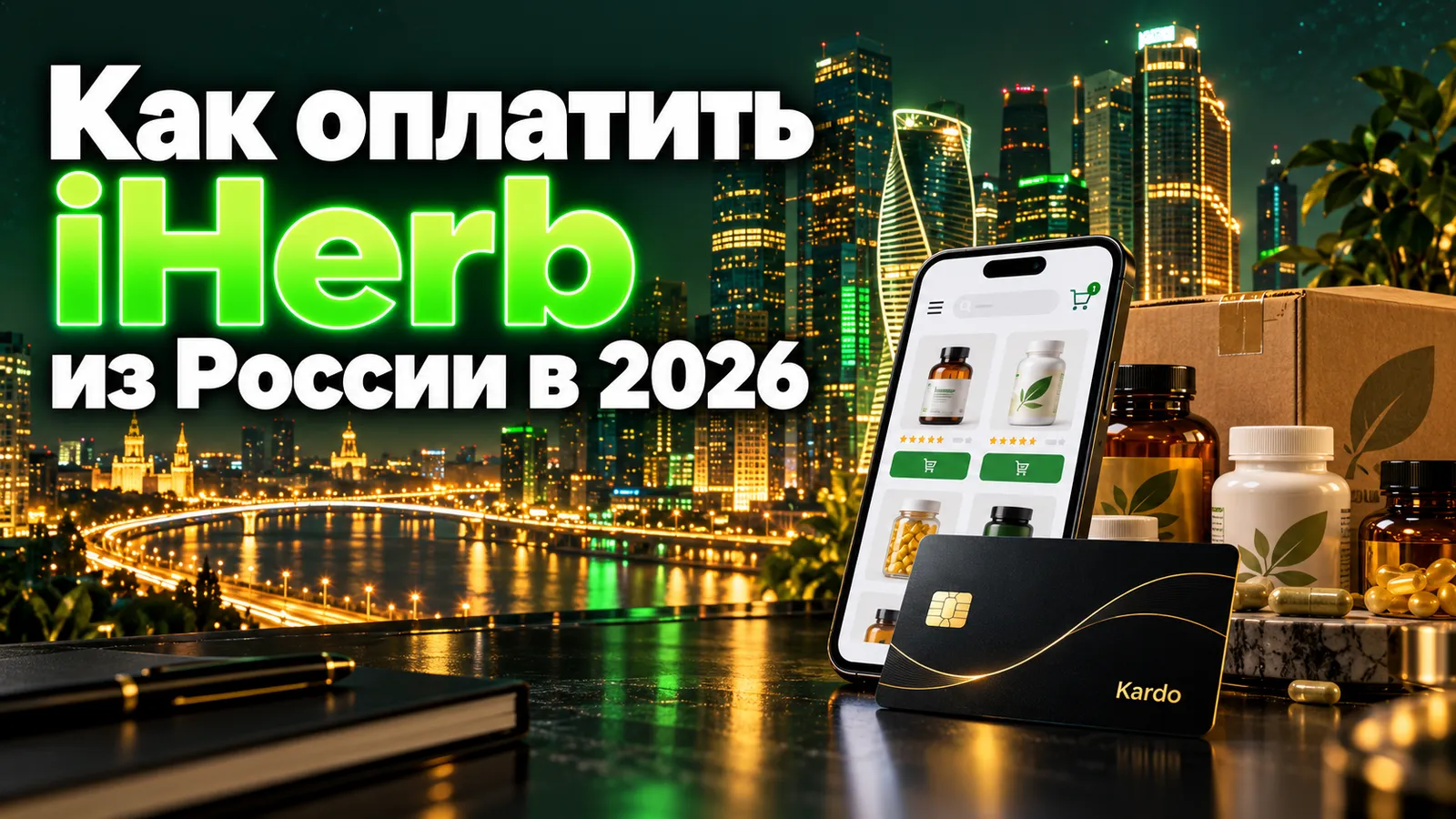 Баночки витаминов и коробка с посылкой рядом со смартфоном с открытой корзиной iHerb и виртуальной картой Kardo
