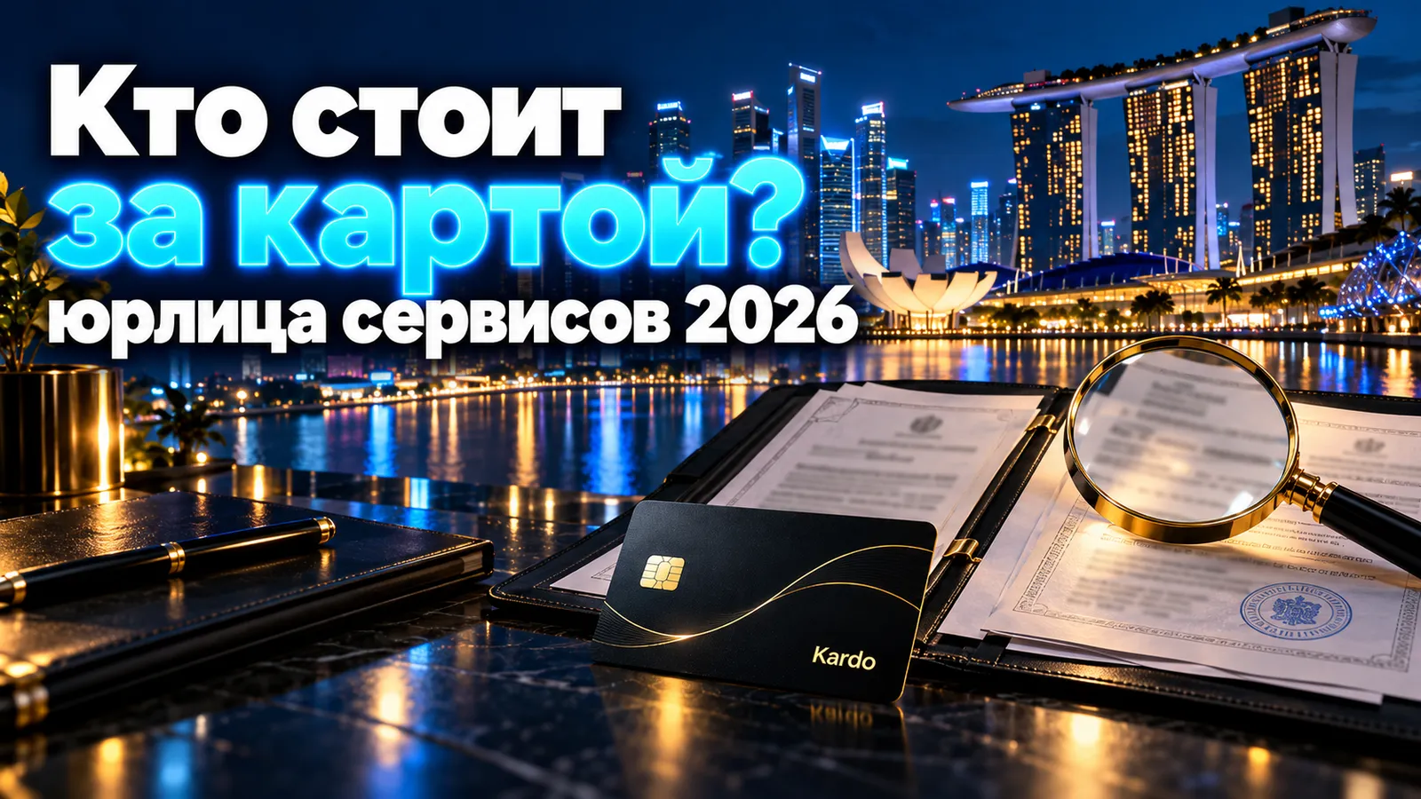 Документы компании под лупой и виртуальная карта Kardo на фоне делового центра Сингапура